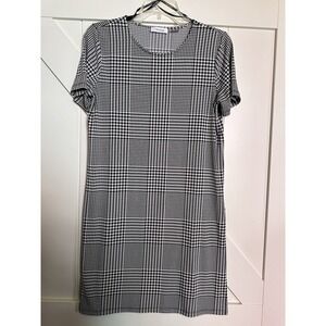 Calvin Klein Black Houndstooth Knit Tunic/Dress Size Med Short Sleeve Side Slits